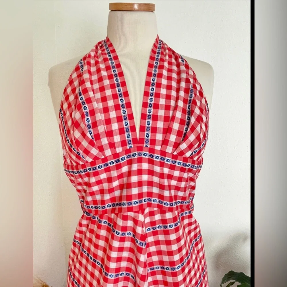 *sold*1970s Vintage LANZ ORIGINALS Red White and Blue Gingham Halter Maxi Dress - Picture 3 of 10